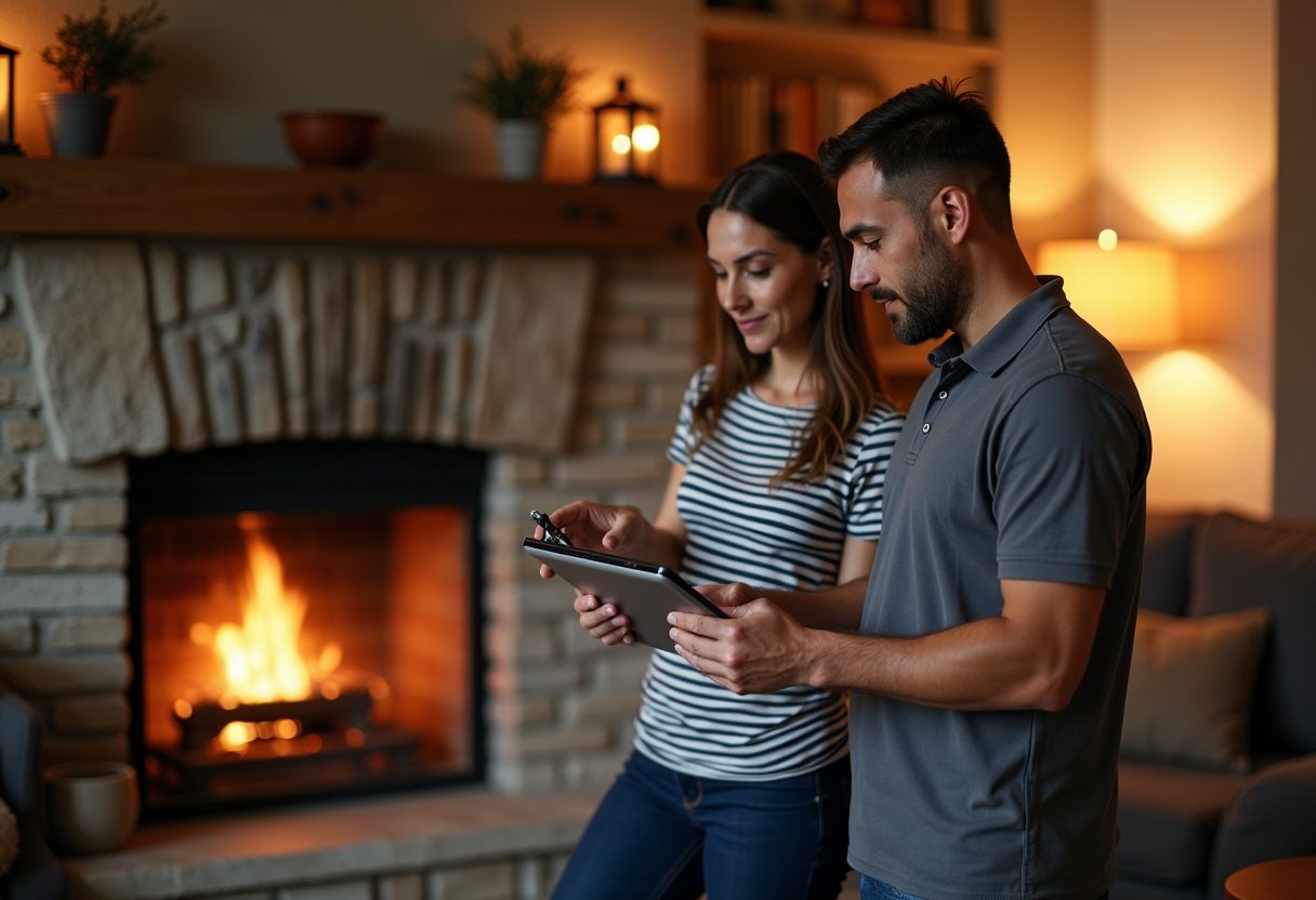 Technician showing a camera inspection beside a stone fireplace — Edmonds