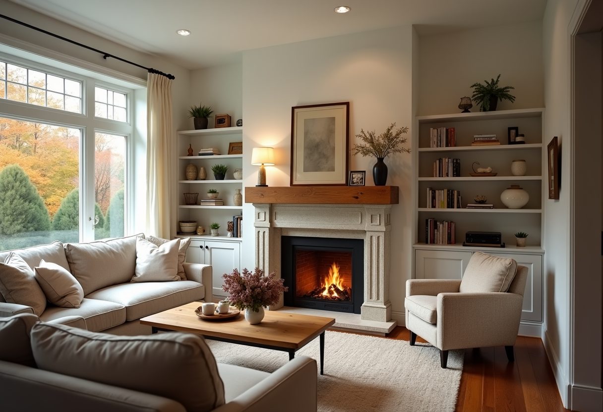 Lit stone fireplace in a bright living room — Edmonds